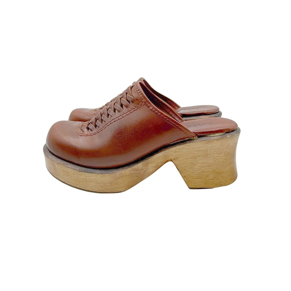 Vintage MIA 7M Brown Leather Wood Clogs Woven Platform 70s Boho Hippie Brazil